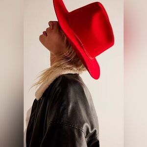 Free People Vibrant Red Wide-Brim Wool Fedora